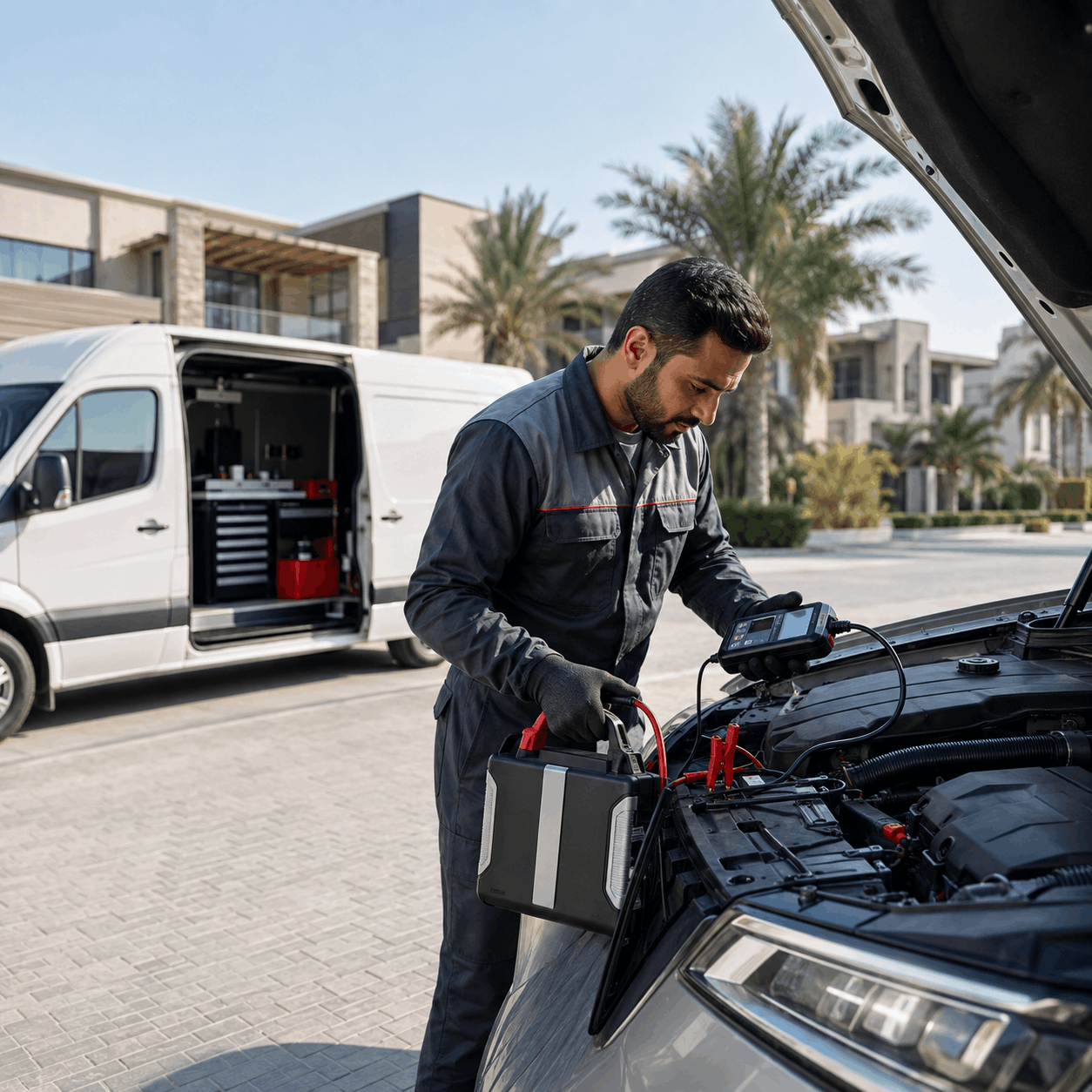 Technician jump-starting a car with a booster pack outside a villa, service van parked behind