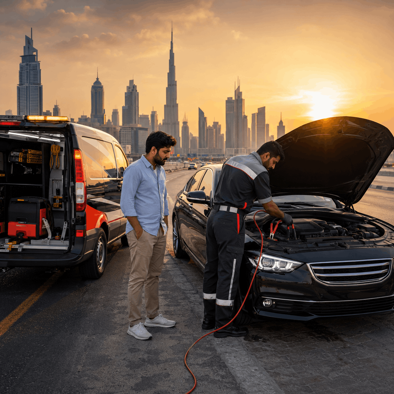 Technician jump-starting a saloon car on a Dubai roadside at sunset, with the skyline behind