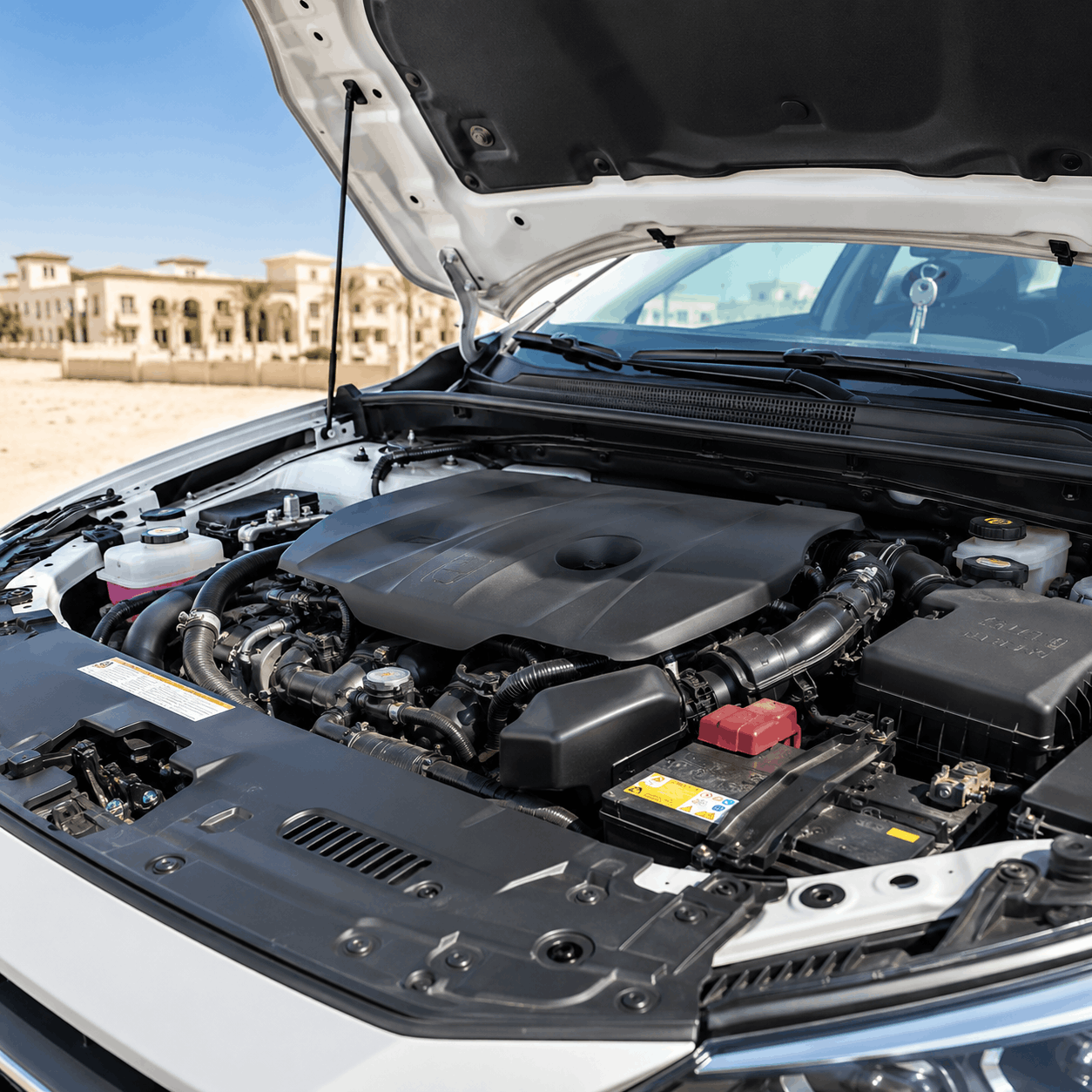 Open car bonnet showing the engine bay and battery