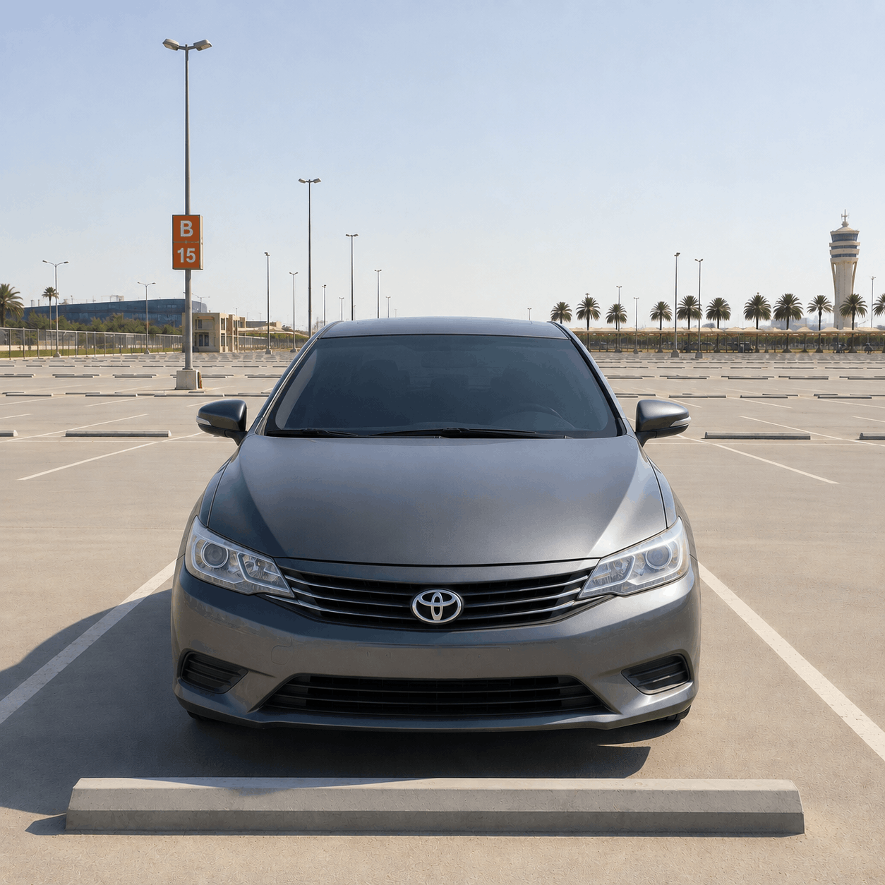Car parked alone in an airport long-stay car park