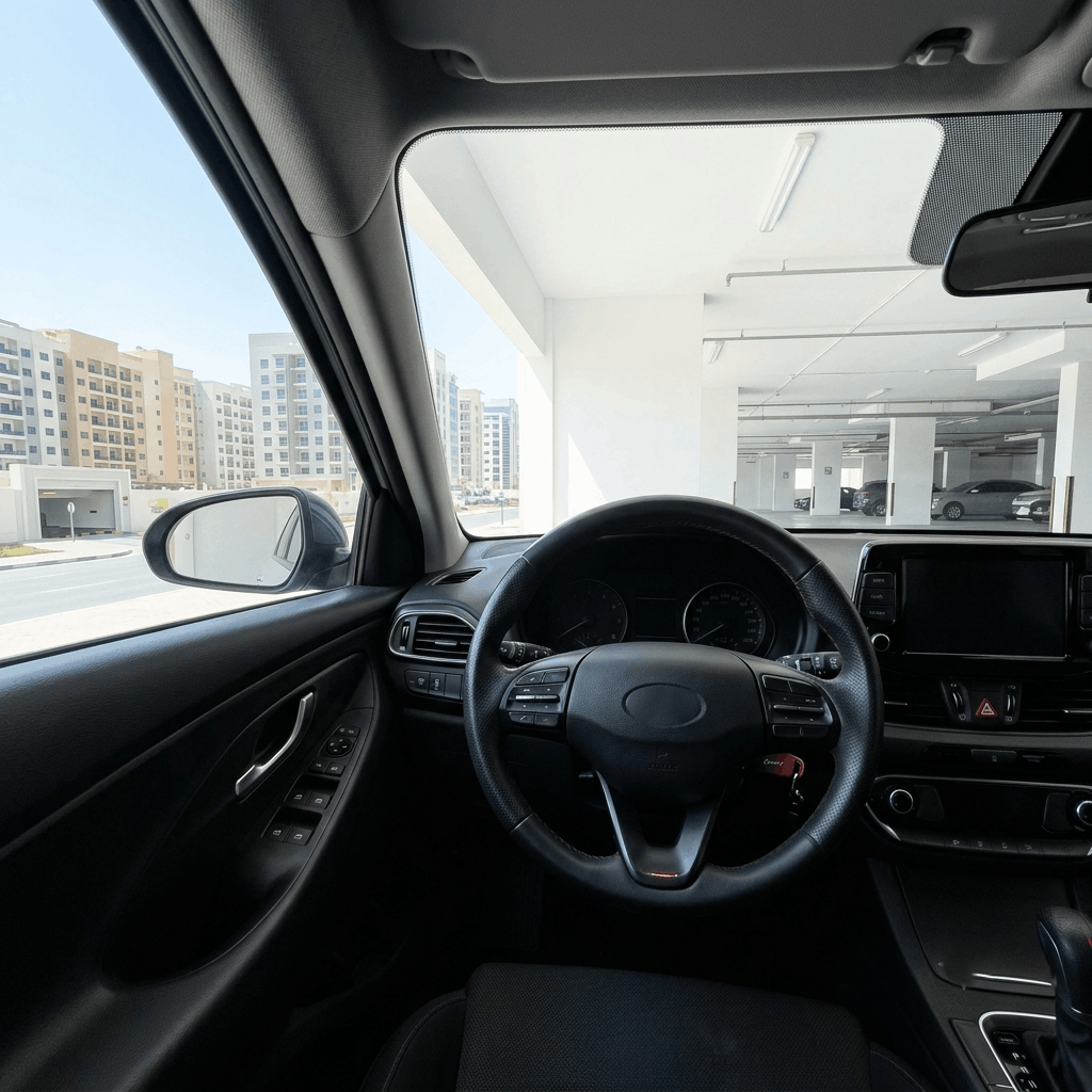 Dark dashboard with everything off, parked in a garage