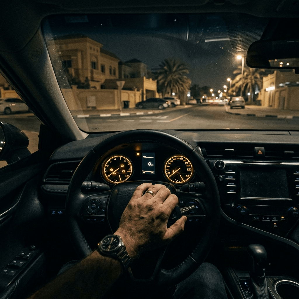 Dashboard at night with dim gauges and warning lights on